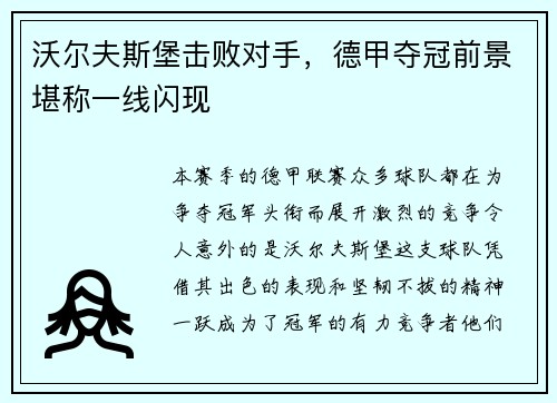 沃尔夫斯堡击败对手，德甲夺冠前景堪称一线闪现