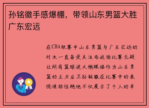 孙铭徽手感爆棚，带领山东男篮大胜广东宏远