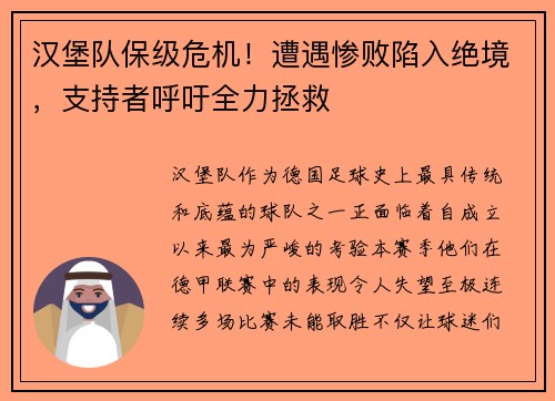 汉堡队保级危机！遭遇惨败陷入绝境，支持者呼吁全力拯救